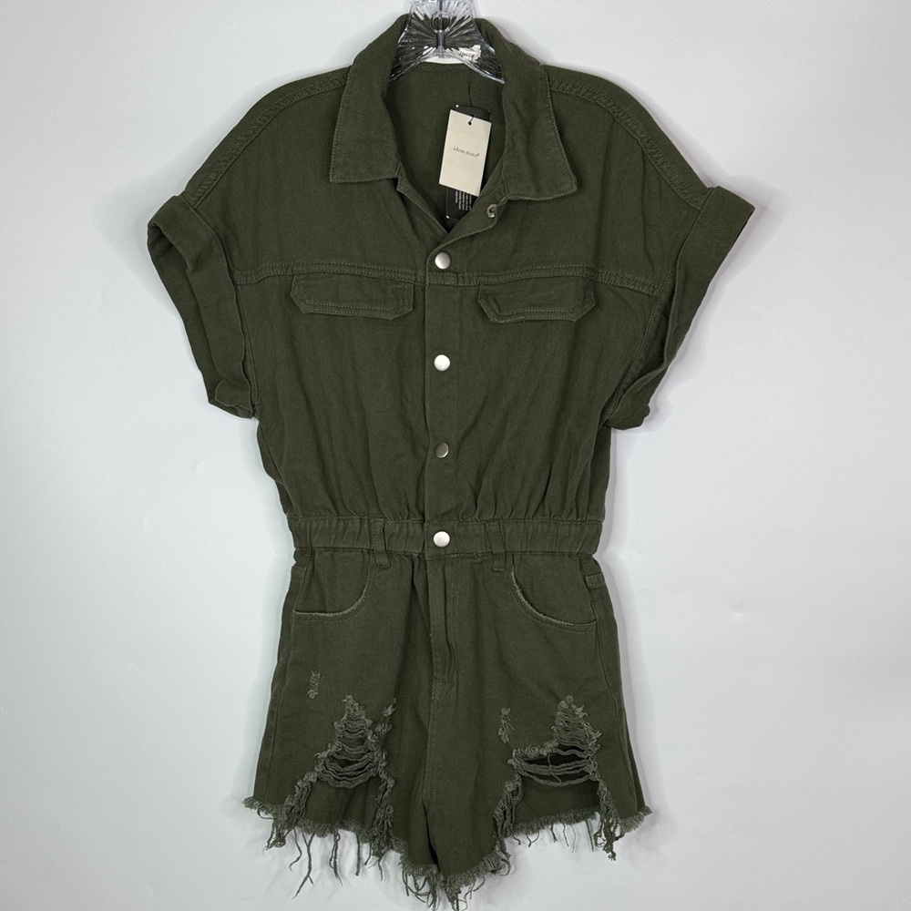 Idem Ditto Olive Green Distressed Denim Romper Raw Hem NWT Small